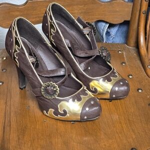Ellie  Steampunk Brown Heels with Gold Detailing